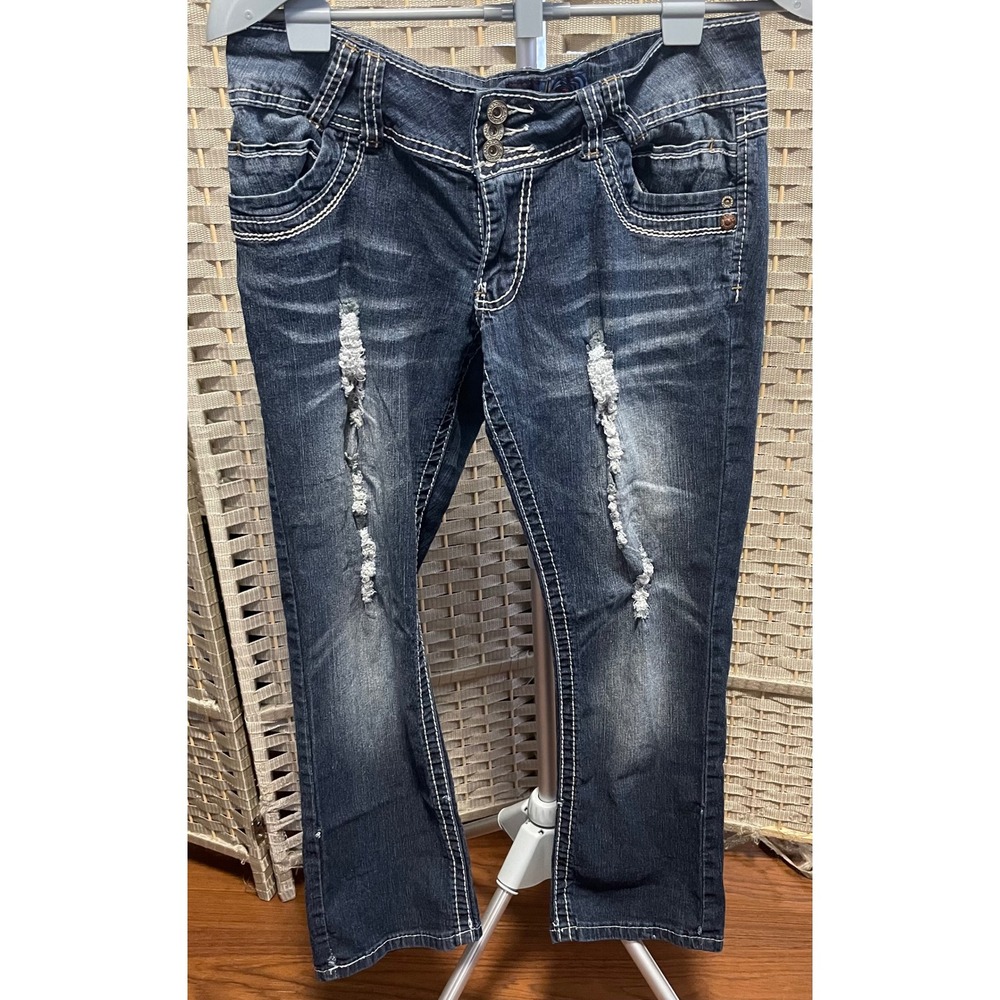 Angels Jeans Distressed Dark Wash Contrast Stitch Straight Leg Denim Size 13
